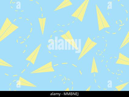 Cute yellow paper planes fly on pastel blue background. Seamless pattern background design in vector illustration. Stock Vector