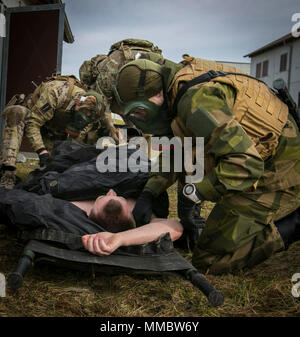 Norwegian and British special operations medics secure a casualty to a litter while training in a simulated Chemical, Biological, Radiological and Nuclear environment during the NATO Special Operations Combat Medic course at the International Special Training Centre, Pfullendorf, Germany, Jan. 25, 2018. NSOCM is a 24-week course offered by the International Special Training Centre which provides training on advanced combat trauma management with a special emphasis on clinical medicine and prolonged field care.(U.S. Army Stock Photo