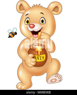 Cute baby bear holding honey pot isolated on white background Stock Photo