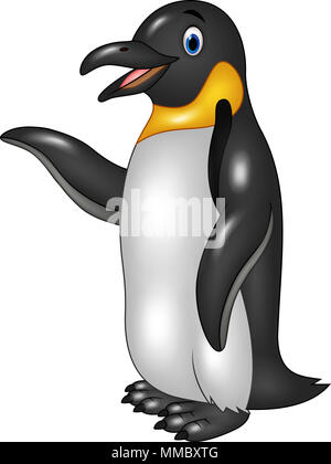 Cute funny emperor penguin presenting isolated on white background Stock Photo