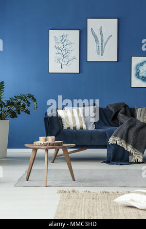 Blue modern interior of cozy spacious lounge with sofa Stock Photo