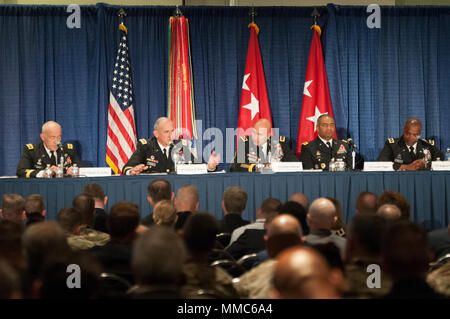 (from left) Lt. Gen. Charles D. Luckey, Chief of Army Reserve and Commanding General, Gen. Robert B. Brown, Commanding General, United States Army Pacific,  Lt. Gen. Joseph Anderson, U.S. Army Deputy Chief of Staff, G-3/5/7, Lt. Gen. Aundre F. Piggee, U.S. Army Deputy Chief of Staff, G-4 and Lt. Gen. Stephen Twitty, commanding general of First Army speak at a U.S. Army Reserve seminar during the Association of the United States Army (AUSA) 2017 annual meeting and exposition Oct. 10, 2017 at the Walter E. Washington Convention Center in Washington, D.C. Taking place over three days, AUSA is des Stock Photo