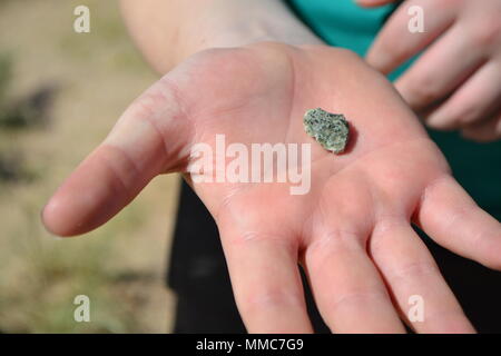 Trinitite is a glassy residue formed when the first nuclear device was detonated on July 16, 1945, at the Trinity Site in New Mexico. The archival image documents a fragment displayed during a public open house at White Sands Missile Range on October 7, 2017; removal of the material from the site is prohibited due to residual radioactivity. Stock Photo