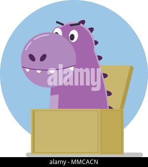 Funny purple dinosaur jumped out of the box. Vector illustration. Stock Vector