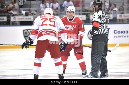 Sochi, Russia. 10th May, 2018. Russian President Vladimir Putin, #11, during the Night Hockey League match at the 7th Russian Amateur Ice Hockey Festival in the Bolshoy Ice Dome May 10, 2018 in Sochi, Russia.  (Russian Presidency via Planetpix) Credit: Planetpix/Alamy Live News Stock Photo