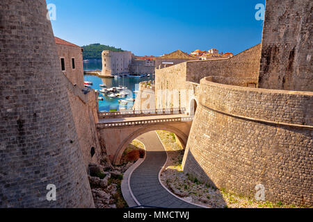 Dubrovnik city walls and harbor view, UNESCO world heritage site in Dalmatia, Croatia Stock Photo