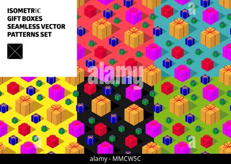 Isometric different colors gift box seamless pattern vector set on red blue yellow black green background. Holiday packing decoration Stock Vector