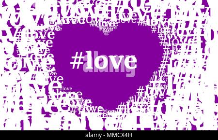 Heart and word hashtag Love with inside. Violet white background of hashtags Stock Vector