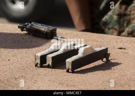 Special Purpose Marine Air-Ground Task Force-Crisis Response-Africa is a United States Marine Corps crisis-response formation operating in Europe and North Africa. On Oct. 12, 2017, Explosive Ordnance Disposal Marines packed C4 plastic explosive into shaped containers created with a 3D printer at Naval Station Rota, Spain. The archival image documents explosive preparation during the 2017 mission. Stock Photo