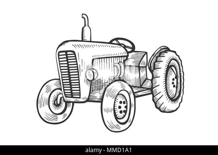 Wheeled tractor in vintage engraved style. Vector hand drawn illustration isolated on white background. Stock Vector