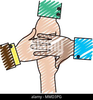 doodle businessmen hands together teamwork connection Stock Vector