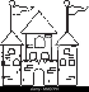 line pixel medieval castle with flags and windows Stock Vector