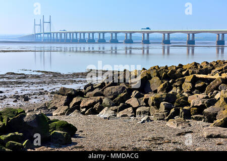 Severn Estuary at low tide with M4, Second Severn Crossing bridge between England and Wales Stock Photo