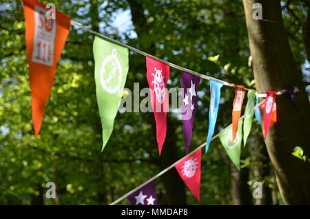 Colourful bunting in the woods at Dunstable Downs, Bedfordshire Stock Photo