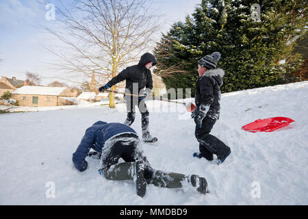 Boys sledging in the snow Stock Photo
