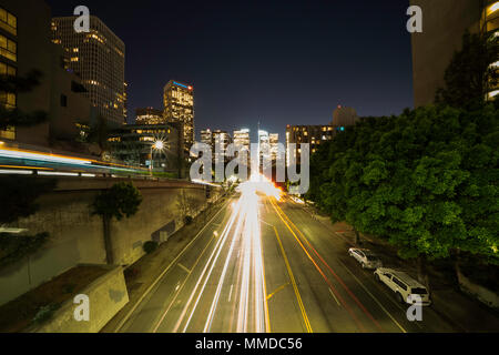 Downtown Los Angeles night traffic , long exposure with light trails through downtown streets Stock Photo
