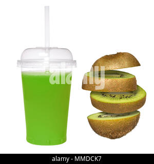 Fresh kiwi juice in a transparent glass with a tube. Falling sliced kiwi on a white background. Creative concept with flying fruit Stock Photo