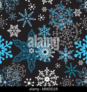 Seamless winter pattern of different snowflakes on dark background Stock Vector