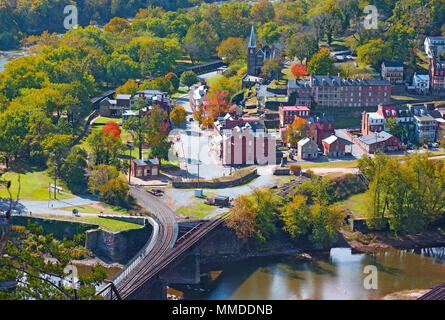 An aerial view on the historic Harpers Ferry town from the high point overlook, West Virginia, USA. Early autumn in the town where Potomac and Shenand Stock Photo