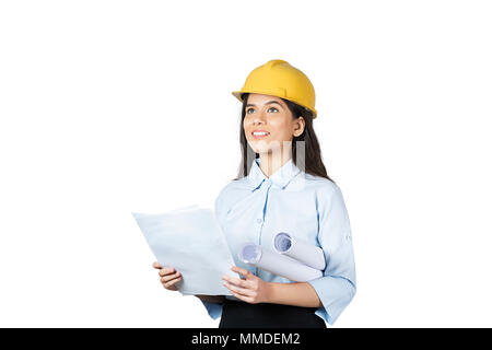 One Young Woman Engineer holding Blueprint. Pointing Finger Real-estate Project Stock Photo
