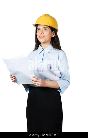 One Young Woman Architect , Engineer Reading Blueprint. Watching Real-estate Project Stock Photo