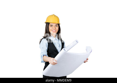 One Female Engineer Showing Thumbs-up With Blueprint Real estate Project Stock Photo