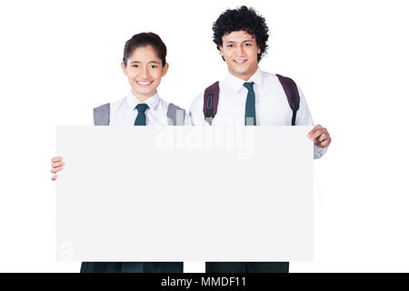 Happy Two Teenager School Students Friend Holding White Message-Board Education Stock Photo