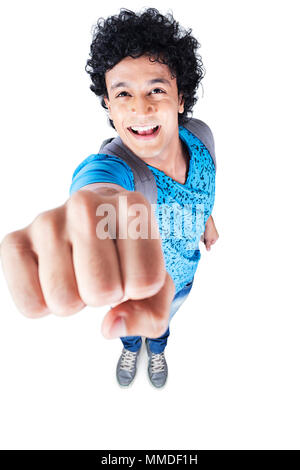 One College Boy Flying in Superman pose Fun Cheerful Full-Length Stock Photo