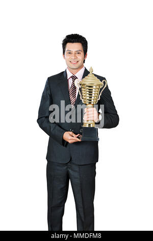 One Businessman Manager Holding Trophy Cup Award Successful Celebration Promotion Stock Photo