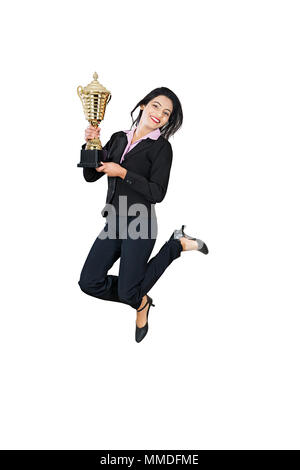 One Businesswoman Employee Holding Trophy Jumping Fun Winning Success Promotion Stock Photo