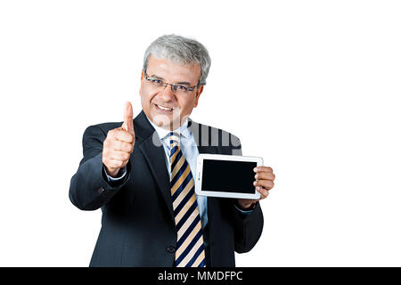 One Old Salesman Manager Showing Thumbs-up Presenting New Digital Mobile-Tablet Stock Photo