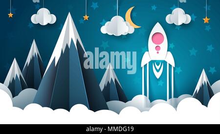 Cartoon rocket illustration. Paper mountain landscape. Stock Vector