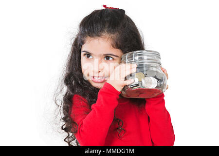 One Kid Girl Holding Jar Of Coins Piggy Bank Saving Money Stock Photo