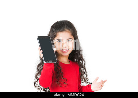 Happy One Kid Girl Showing Mobile Phone Screen White Background Stock Photo