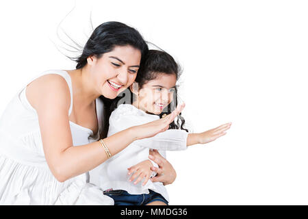 Cheerful Two Mother And Little Girl Playful Happy Fun Enjoy Stock Photo