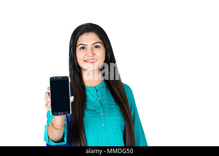 One Sales Female representative displaying newly launched mobile Phone Technology Stock Photo