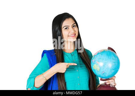 Finger and globe- Business Female pointing at-place on world globe-Map Stock Photo