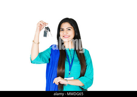 One Saleswoman Employee Showing new House key Real-Estate Concept Stock Photo