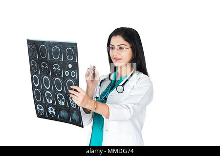 One Female Doctor checkup x-ray Report of ct-scan Brain at-patient Stock Photo