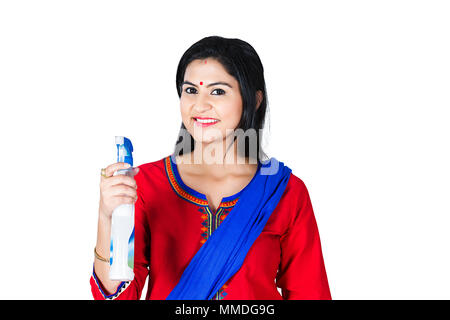 One Adult Female Housewife Holding Windows Cleaner In Spray Bottle. Stock Photo