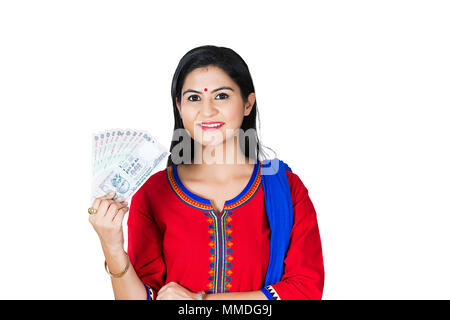 Smiling One Adult Female Showing Indian Money One-Hundred rupees notes Stock Photo