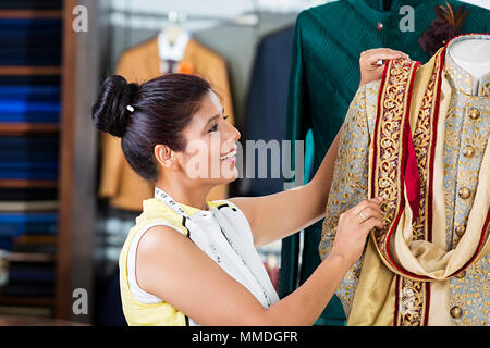 One Boutique Tailor Woman Dress Designer Mannequin Checking Sherwani Shop Stock Photo