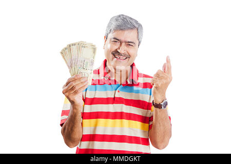 One Senior Man Showing Money Ruppe Notes Pointing-up Finger Money-Concept Stock Photo