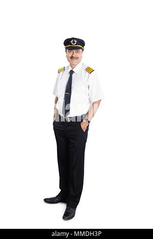 One Senior Man In-Pilot Uniform With Hands-In-His-Pockets Standing Posing Stock Photo