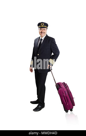 Smiling One Senior Man Airline Pilot Wearing Uniform Standing With Briefcase Stock Photo