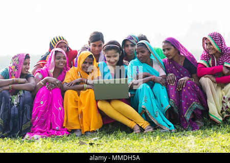 Group Rural Ladies And Girl Laptop Education Learning Awareness In-Village Stock Photo