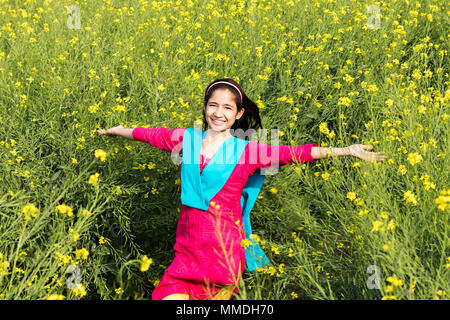 Happy One Rural Teenage Girl Arms-Outstretched Field Fun Cheerful Stock Photo
