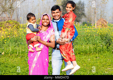 Happy Rural Villager Family Parents And Kids Standing Farm Village Stock Photo