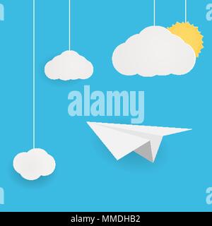 Flight concept. Business idea. Paper plane flying in the sky Stock Vector