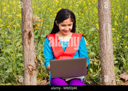 Rural Villager Teenage Girl College Student Laptop Working Education In-Farm Stock Photo
